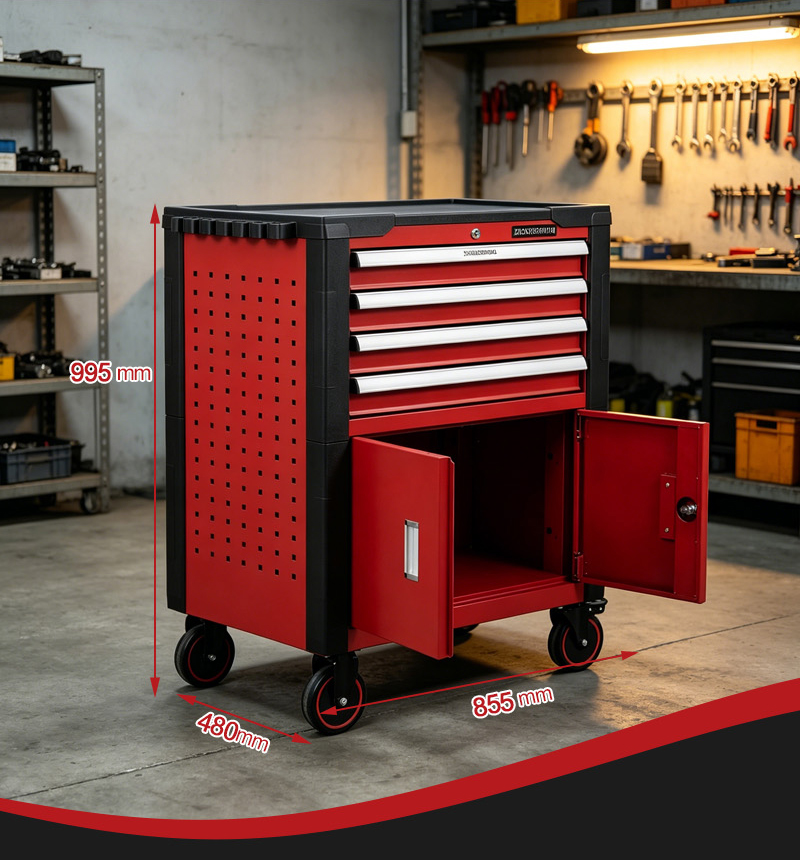 Tool Cabinet 4 Drawer Steel Heavy Duty Double Doors Tool Trolley (عربة أدوات بـ4 درجًا وسطح بلاستيكي) – 44.7KG 855×480×995mm for UAE Home Garage 详情 04