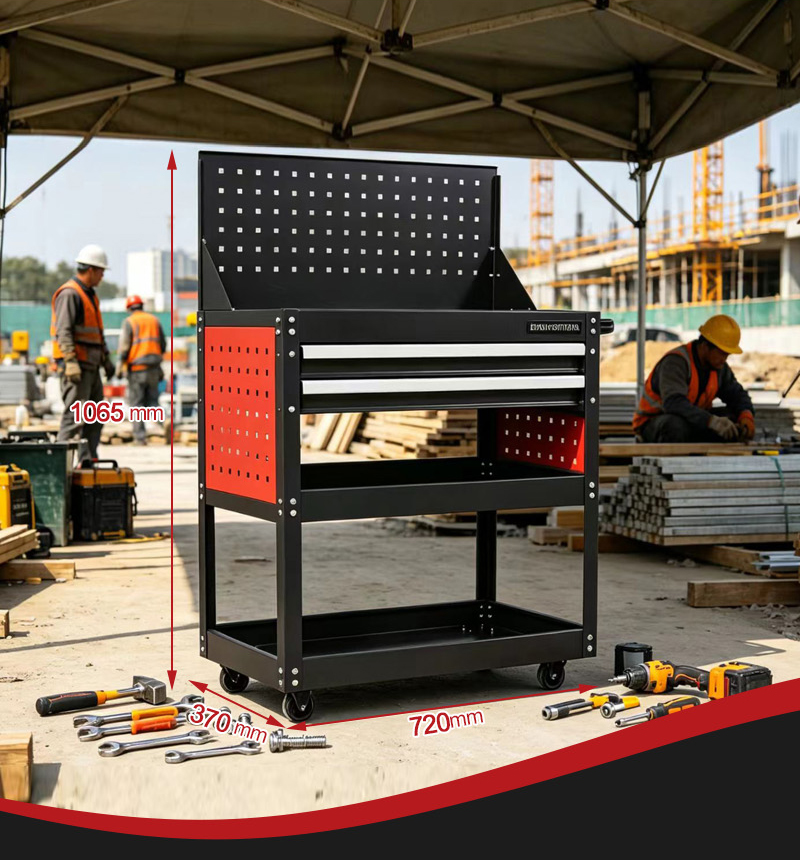 3 Tier 2 Drawer Parts Cart with Flip Top Pegboard Heavy Duty Rolling Parts Cart (عربة قطع غيار) – 16KG 720×370×1065mm for UAE Auto Repair Workshop 详情 04