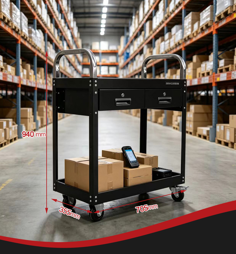 Glossy Black 2 Drawer Parts Cart (عربة قطع غيار) – 16KG 705×355×940mm for UAE Auto Repair Workshop 详情 04