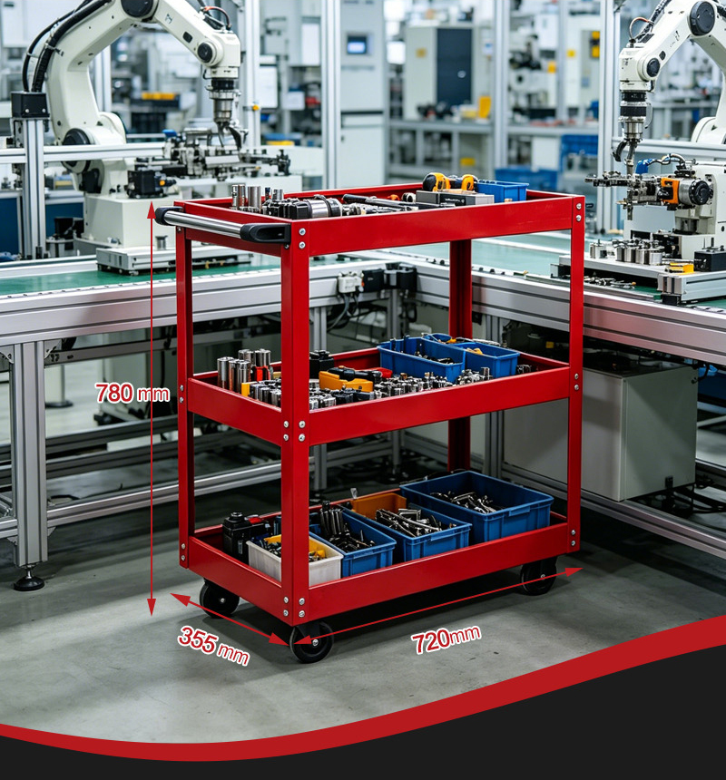 Heavy Duty Red OEM Tool Cart with 3 Thick Shelves Parts Cart (عربة قطع غيار) – 7.8KG 720×355×780mm for UAE Auto Repair Workshop 详情 04