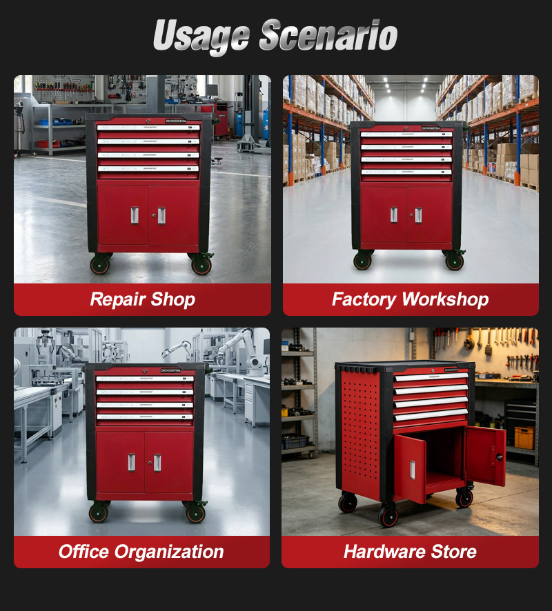 Tool Cabinet 4 Drawer Steel Heavy Duty Double Doors Tool Trolley (عربة أدوات بـ4 درجًا وسطح بلاستيكي) – 44.7KG 855×480×995mm for UAE Home Garage 详情 08