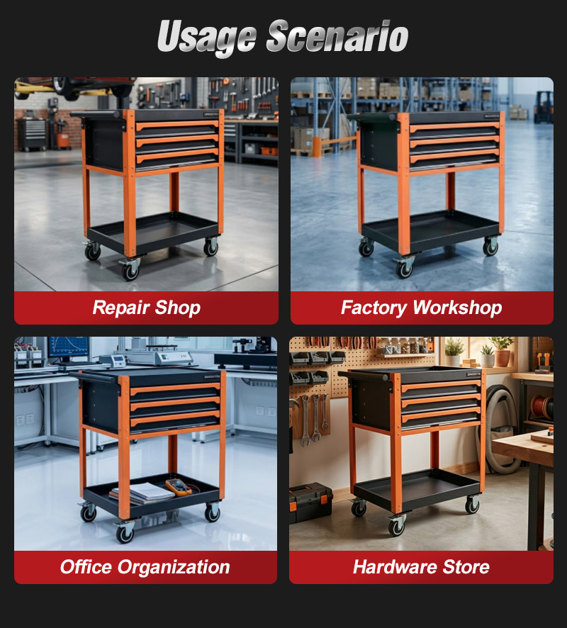 High Quality Portable 3 Drawer Rolling Tool Cart with 2 Tier Shelf Mechanic Cart (عربة قطع غيار بـ3 درجًا) – 28.8KG 750×485×880mm for UAE Auto Repair Workshop 详情 08