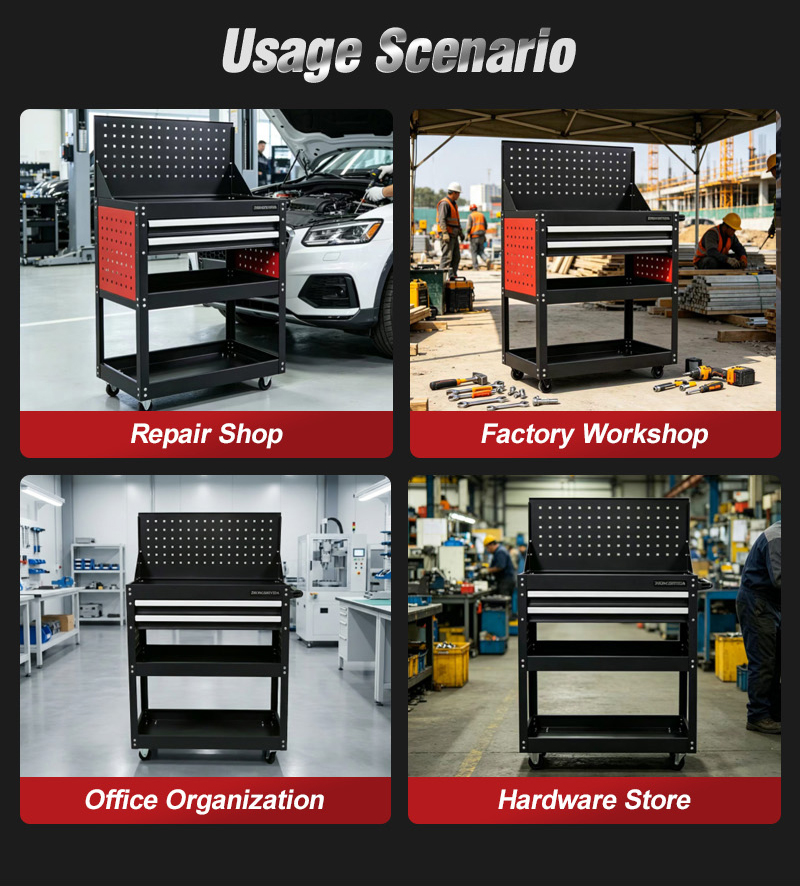 3 Tier 2 Drawer Parts Cart with Flip Top Pegboard Heavy Duty Rolling Parts Cart (عربة قطع غيار) – 16KG 720×370×1065mm for UAE Auto Repair Workshop 详情 08