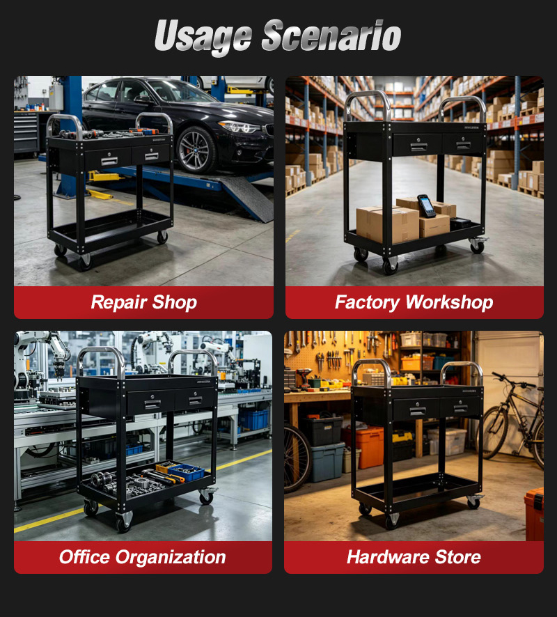 Glossy Black 2 Drawer Parts Cart (عربة قطع غيار) – 16KG 705×355×940mm for UAE Auto Repair Workshop 详情 08