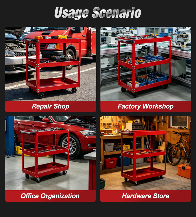 Heavy Duty Red OEM Tool Cart with 3 Thick Shelves Parts Cart (عربة قطع غيار) – 7.8KG 720×355×780mm for UAE Auto Repair Workshop 详情 08